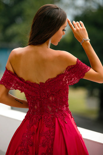 Red Off-shoulder Long Prom Dress with Appliques