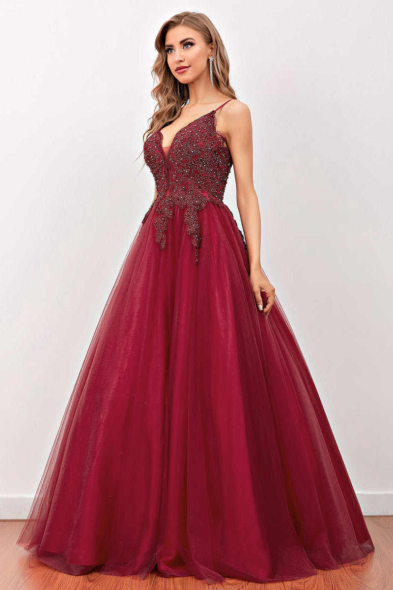 Load image into Gallery viewer, Burgundy Spaghetti Straps Long Prom Dress with Beading