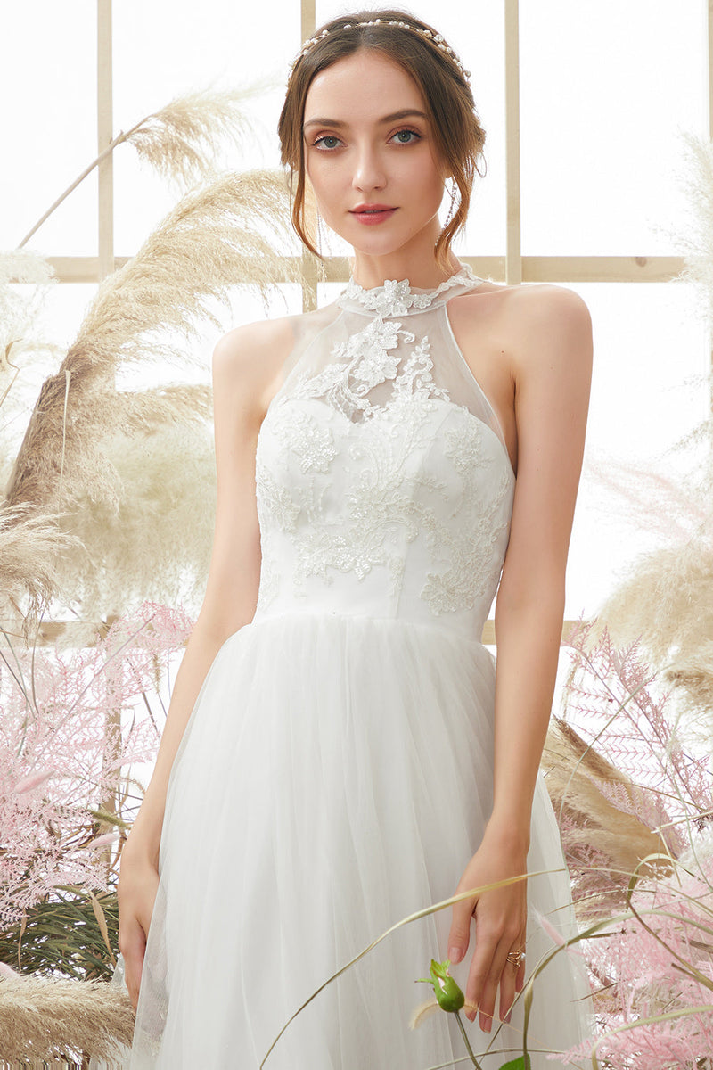 Load image into Gallery viewer, White Halter Neck Wedding Dress