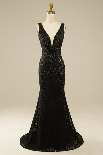 Elegant Glitter Rhinestone Black Lace Long Prom Dress