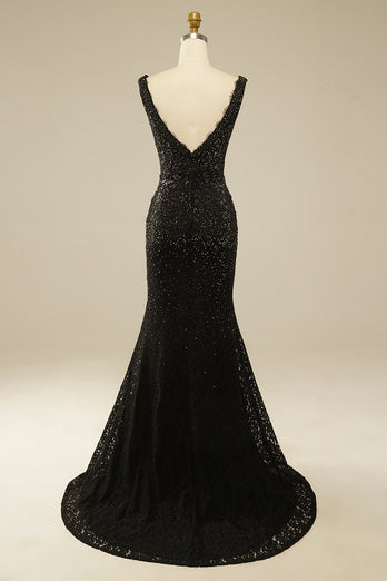 Elegant Glitter Rhinestone Black Lace Long Prom Dress