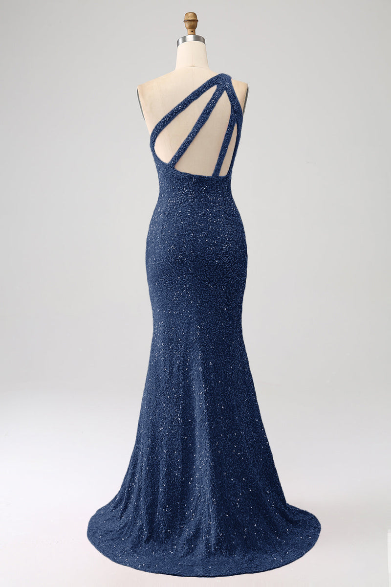 Load image into Gallery viewer, Sparkly Orange Mermaid One Shoulder Sequins Prom Dress with Slit