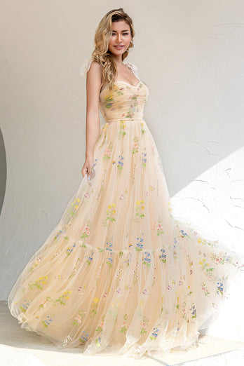 Champagne Embroidery Long Prom Dress