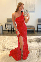 Load image into Gallery viewer, Sheath One Shoulder Red Sequins Prom Dress with Slit