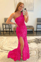 Load image into Gallery viewer, Sheath One Shoulder Red Sequins Prom Dress with Slit
