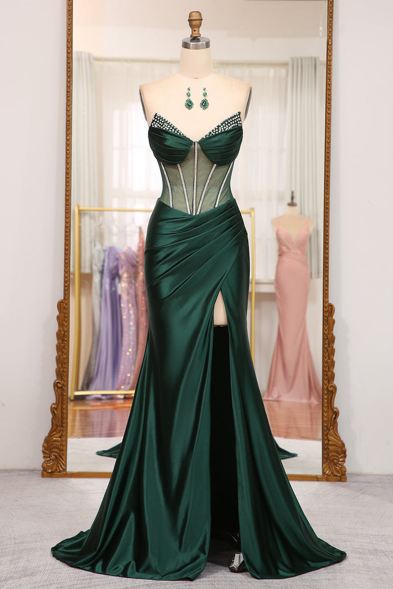 Queendancer Women Dark Green Long Corset Prom Dress Mermaid Satin