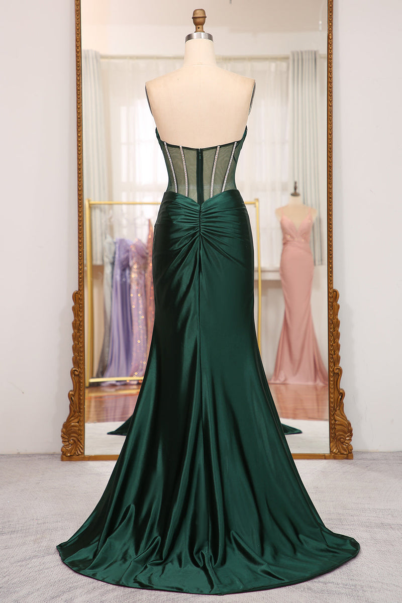 Queendancer Women Dark Green Long Corset Prom Dress Mermaid Satin