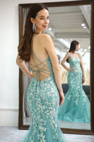 Load image into Gallery viewer, Light Green Mermaid Long Corset Prom Dress With Appliques