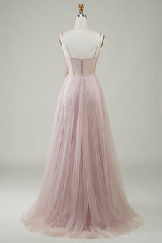 Blush A-Line Corset Long Tulle Prom Dress with Appliques