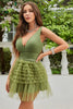 Load image into Gallery viewer, A Line Deep V Neck Green Short Prom Dress with Ruffles