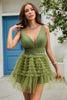 Load image into Gallery viewer, A Line Deep V Neck Green Short Prom Dress with Ruffles