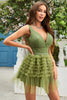 Load image into Gallery viewer, A Line Deep V Neck Green Short Prom Dress with Ruffles