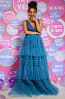 Load image into Gallery viewer, Peacock Blue A Line V Neck Tulle Long Prom Dress