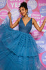 Load image into Gallery viewer, Peacock Blue A Line V Neck Tulle Long Prom Dress