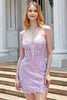 Load image into Gallery viewer, Purple Sparkly Corset Short Prom Dress with Appliques