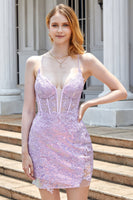 Load image into Gallery viewer, Purple Sparkly Corset Short Prom Dress with Appliques