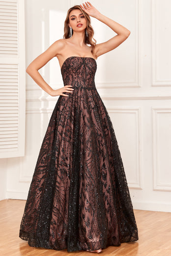Sparkly Black A-line Long Prom Dress with Beading_5