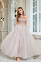 Load image into Gallery viewer, Glitter Blush A-Line Tulle Long Prom Dress with Lace