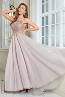 Load image into Gallery viewer, Glitter Blush A-Line Tulle Long Prom Dress with Lace