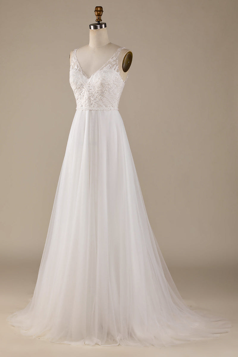 Load image into Gallery viewer, Ivory V-Neck Tulle Sweep Train Wedding Dress with Lace