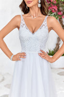 Load image into Gallery viewer, Ivory V-Neck Tulle Sweep Train A Line Wedding Dress with Lace