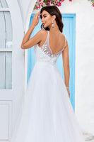 Load image into Gallery viewer, Ivory V-Neck Tulle Sweep Train A Line Wedding Dress with Lace
