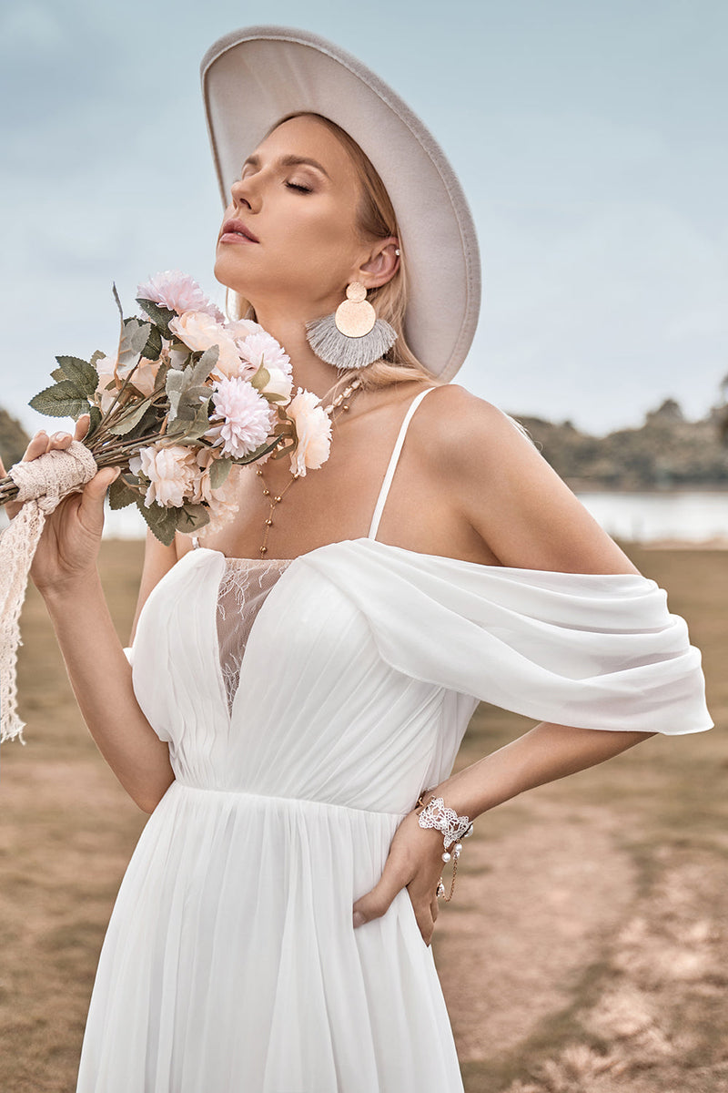 Load image into Gallery viewer, Off The Shoulder Ivory Boho Chiffon Ruched A Line Wedding Dress
