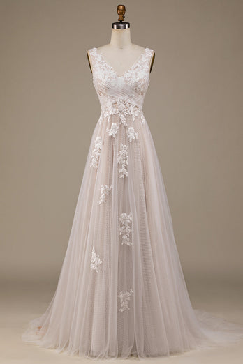 Apricot Tulle Sweep Train Wedding Dress with Lace