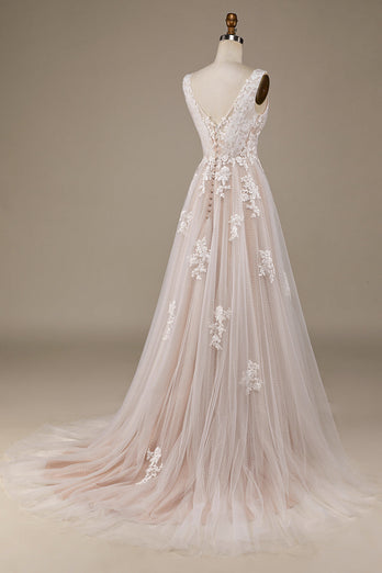 Apricot Tulle Sweep Train Wedding Dress with Lace