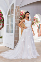 Load image into Gallery viewer, Apricot Tulle Sweep Train A Line Wedding Dress with Lace