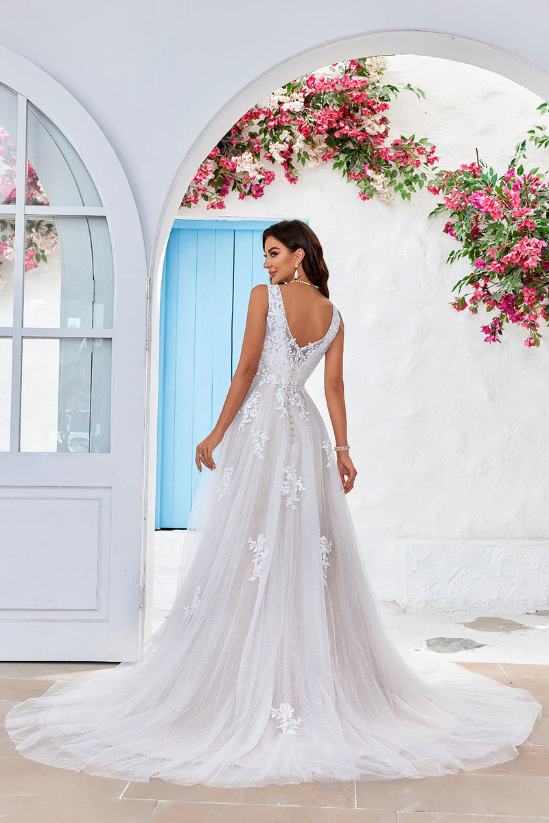 Load image into Gallery viewer, Apricot Tulle Sweep Train A Line Wedding Dress with Lace