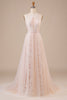 Load image into Gallery viewer, Tulle Halter Keyhole Champagne Wedding Dress with Appliques