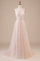 Load image into Gallery viewer, Tulle Halter Keyhole Champagne Wedding Dress with Appliques