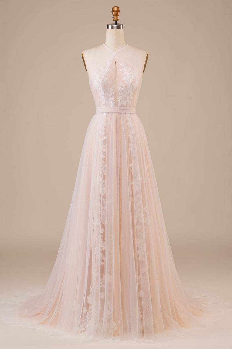 Load image into Gallery viewer, Tulle Halter Keyhole Champagne Wedding Dress with Appliques