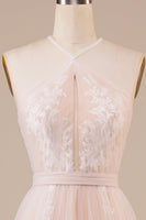 Load image into Gallery viewer, Tulle Halter Keyhole Champagne Wedding Dress with Appliques